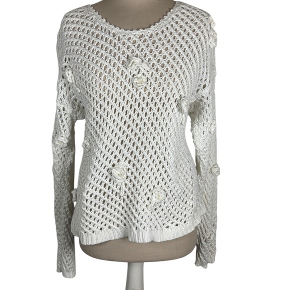 Sugar Co. Ltd. Sweaters - Vintage Sugar Co Ltd White Crochet Open Knit Sweater 3D Floral Ramie Cotton Sz S